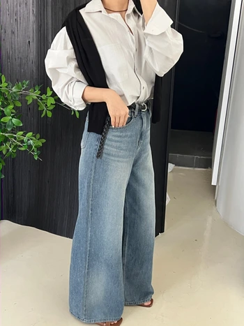 모브 하이웨스트 워싱 와이드 데님팬츠