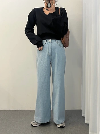 기획 브이넥 크롭 루즈핏 시보리 맨투맨 블랙 2