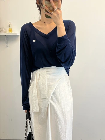 썸머 딥 브이넥 소프트 루즈핏 패치 시스루 티셔츠 2