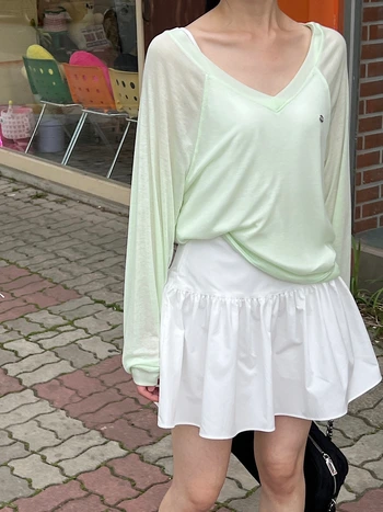 썸머 딥 브이넥 소프트 루즈핏 패치 시스루 티셔츠