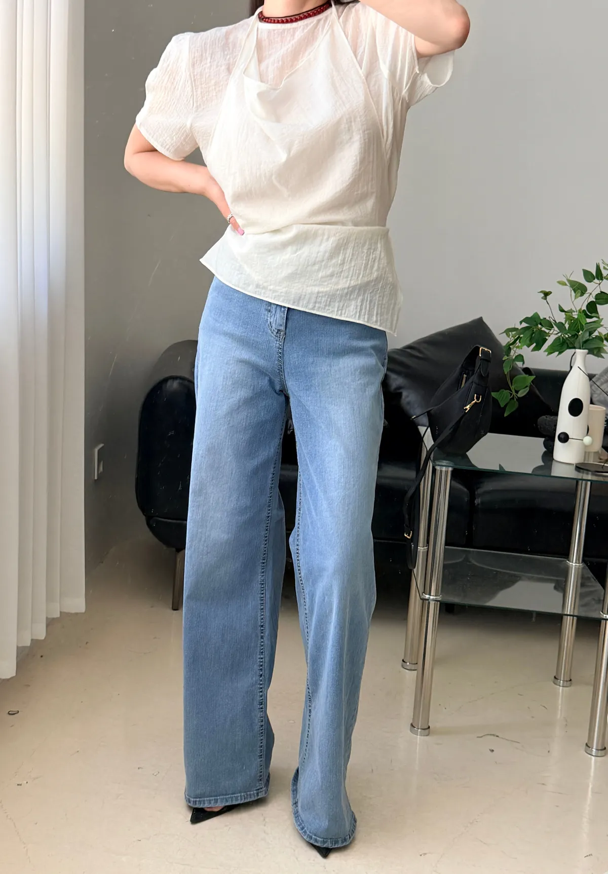 베른 와이드 스판 부츠컷 롱 데님팬츠 상세 이미지 8