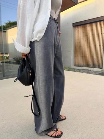 후들 워싱 배색 와이드 데님 팬츠