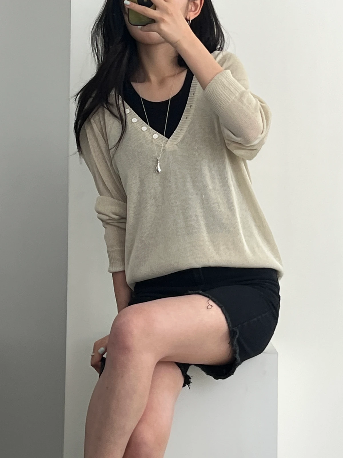 밑단 컷팅 4부 흑청 데님  상세 이미지 1