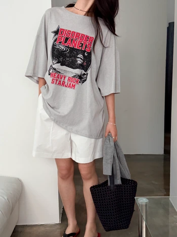 박시핏 프린팅 5부 티셔츠 