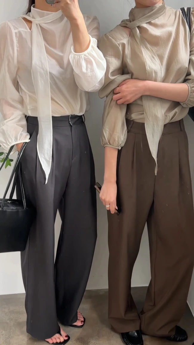 실크 타이 블라우스 